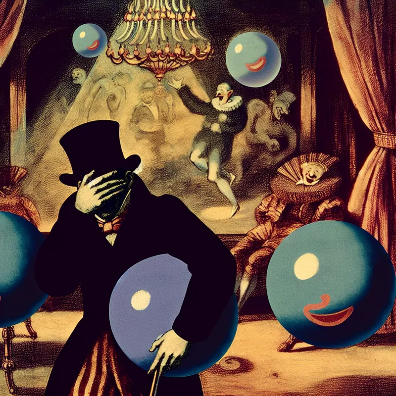 Cartoonachtige tekening van een man die zijn gezicht beschaamd bedekt en grote, grappige testikels vasthoudt in een gothic setting.