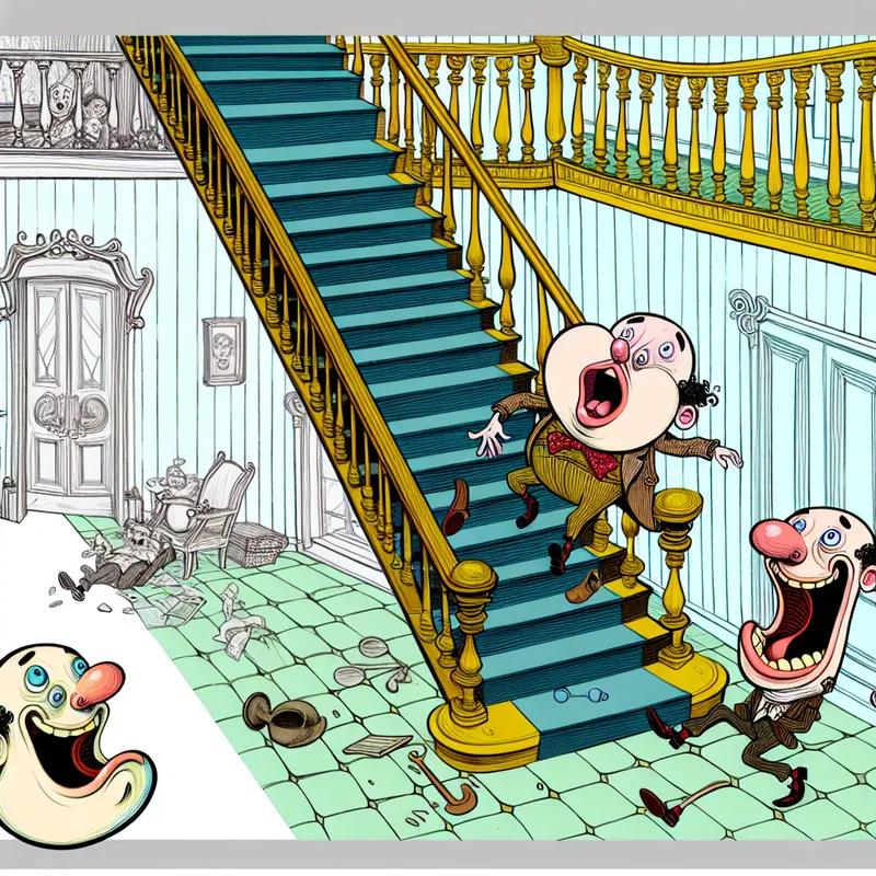 Een komische illustratie van een cartoonfiguur die een trede mist en dreigt te vallen van een kleurrijke trap.