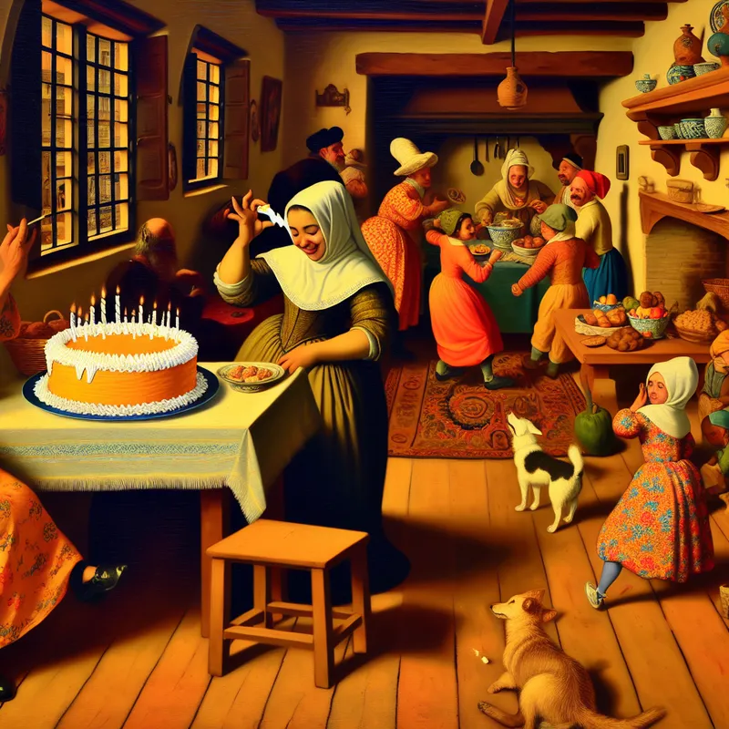 Vrouw bewondert een prachtig cake in een levendige keuken, met een kleine onvolkomenheid op het bord.