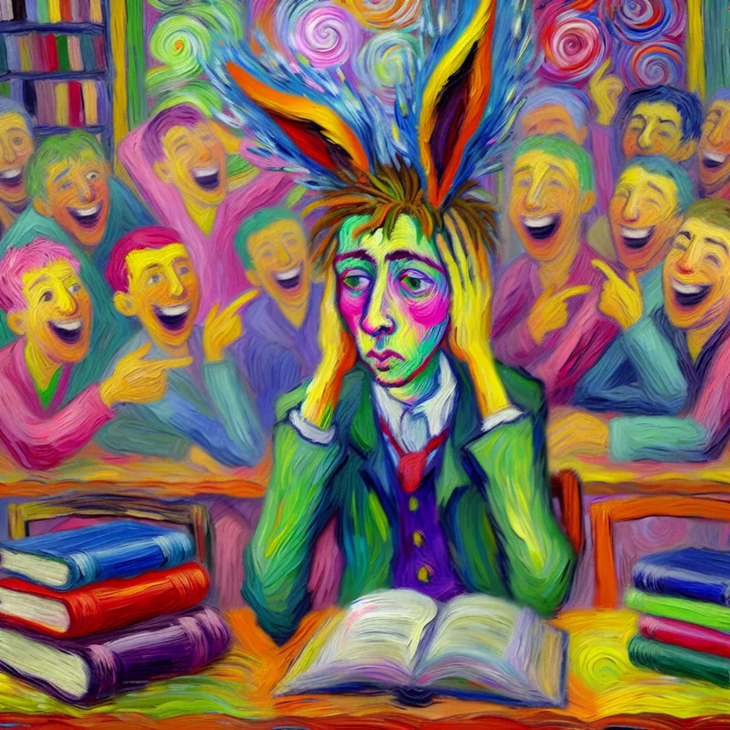 Een leerling met ezelsoren in een drukke klas vol kleurrijke boeken, omringd door lachende klasgenoten