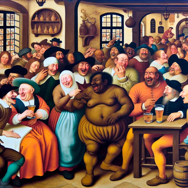 Een levendig tafereel in een taverne met vrienden die lachen en spelen, en een karikatuur van een mannelijke figuur.