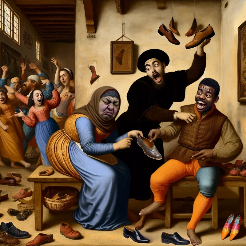 Een persoon inspecteert een versleten schoen in een drukke schoenenwinkel, terwijl een verkoper verrast kijkt en een nieuwe schoen aanbiedt.