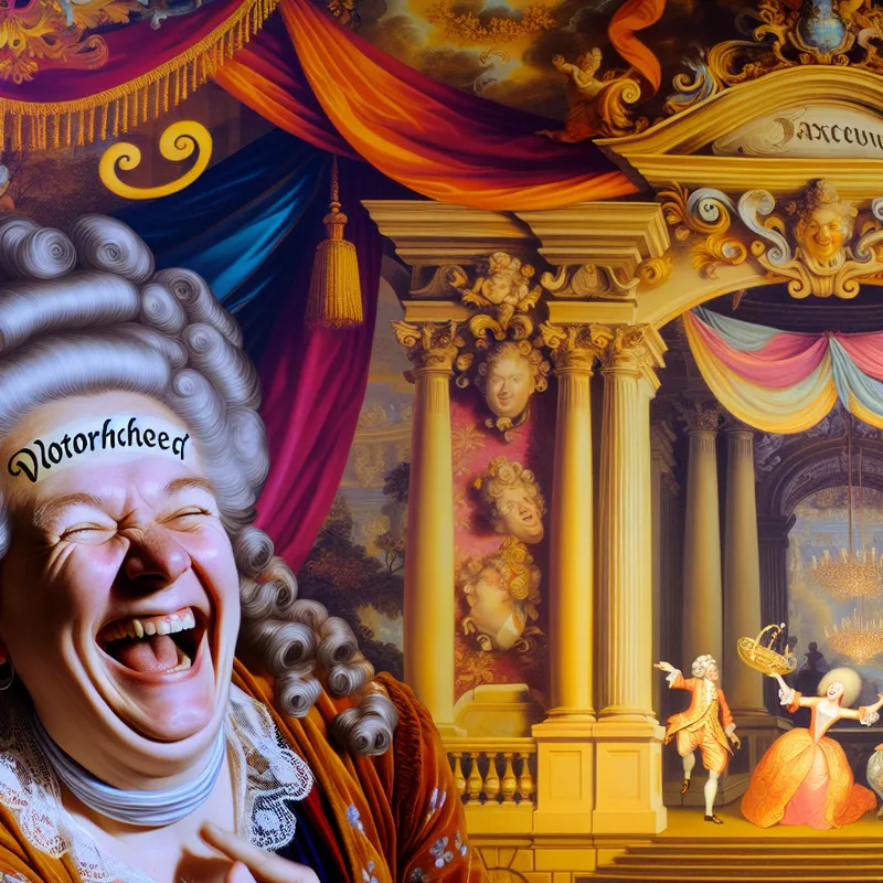 Een vrouw lacht en toont een grappige tekst op haar voorhoofd in een levendige Barokke stijl. 