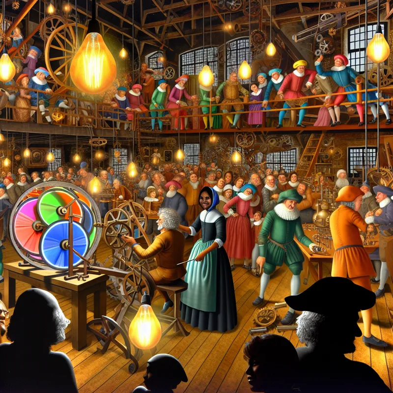 Een levendige werkplaats met mensen die een groot mechanisch apparaat aanpassen, met in het midden een persoon die de hoogte van een stoel demonstreert.