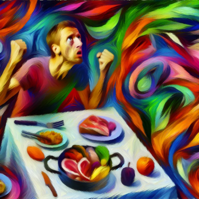 Abstract expressionist kunstwerk met een persoon die angstig wacht aan een dinertafel, omringd door abstracte voedselobjecten in levendige kleuren.