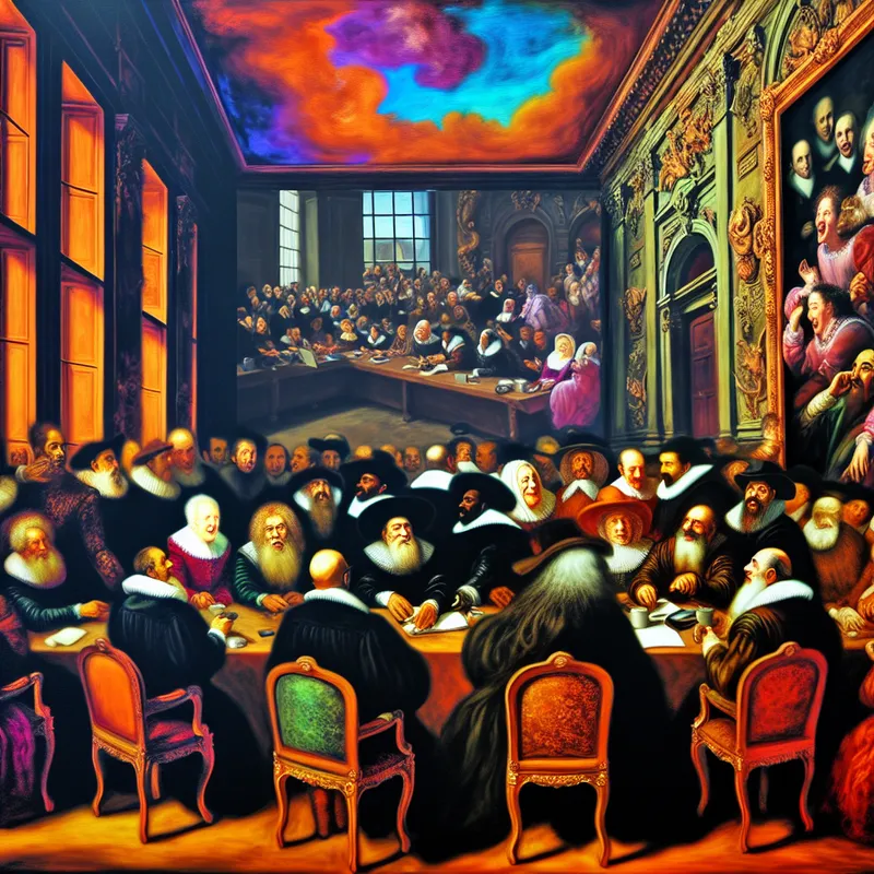 Vibrante barokke scène van een hybride yondan bijeenkomst met deelnemers rond een rijk gedekt tafel in een mooi verlichte kamer en op een groot scherm via videoconferentie.