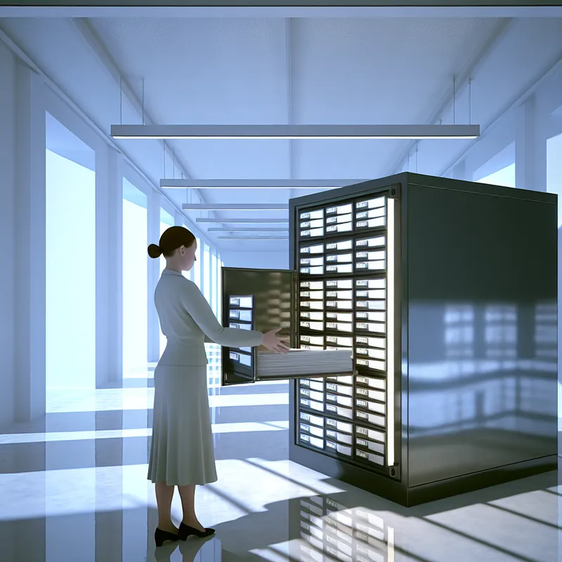 Een hyper-realistisch archiefkast in een heldere, steriele kamer met geschenkte documenten.