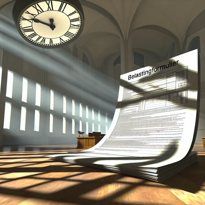 Een hyper-realistisch belastingdocument op een houten tafel met surrealistische elementen op de achtergrond.