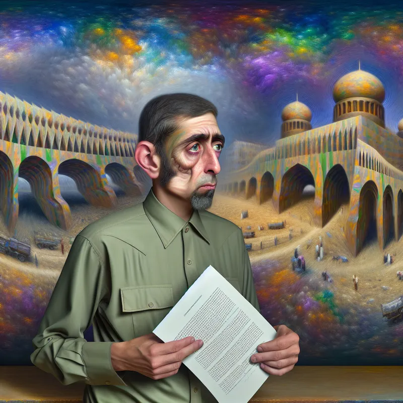 Een nadenkende persoon voor een grote, donkere monumentale gebouw dat conflict en resolutie symboliseert, met een papier in de hand.