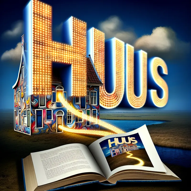 Een hyper-realistisch beeld van een open boek met gloeiende letters die het woord 'huis' vormen, voor een surrealistisch huis op de achtergrond.