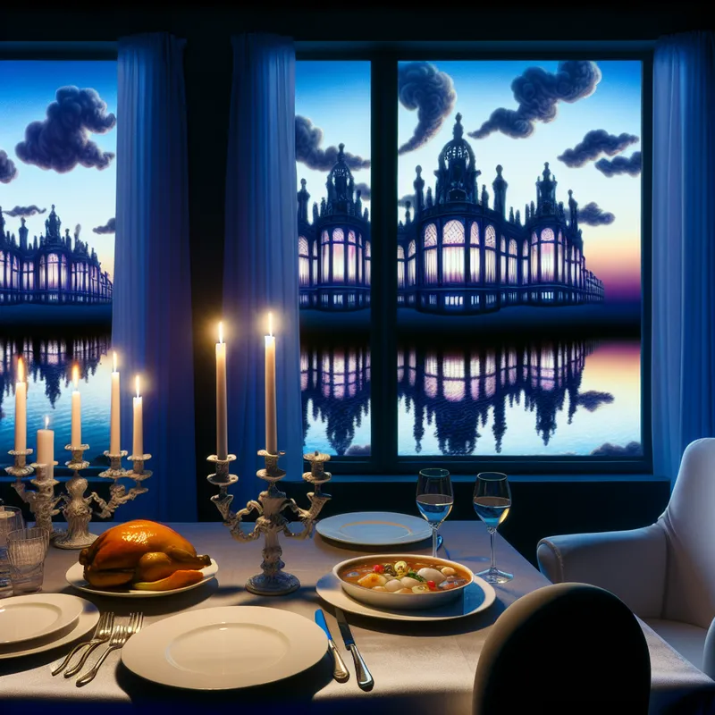 Hyper-realistisch diner tafelscène bij schemering met elegant servies en uitzicht op surrealistisch landschap.