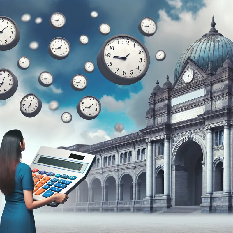 Een persoon met een grote calculator staat voor een majestueus gebouw dat lijkt op een klassiek museum, terwijl vervormde klokken in de lucht zweven.