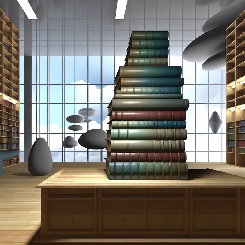 Hyper-realistisch kantoor met een boekenplank vol boeken, surrealistische elementen op de achtergrond