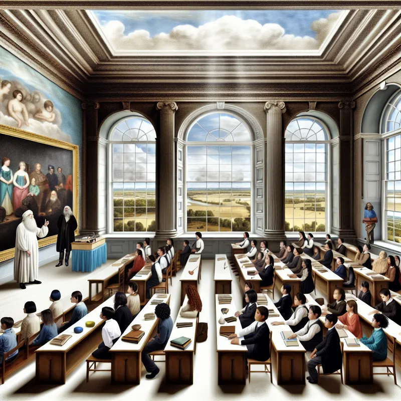 Illustratie van een hyper-realistisch klaslokaal met diverse leerlingen luisterend naar een vrouwelijke lerares die een verhaal vertelt, met grote ramen die licht binnenlaten en een imposante schoolbord.