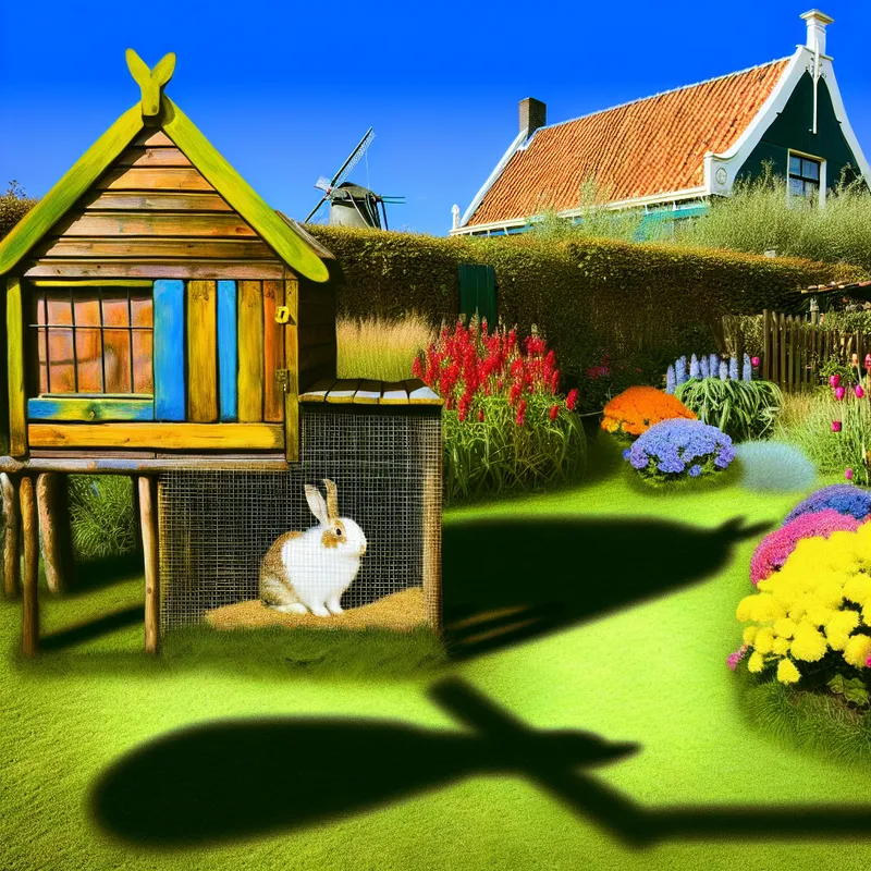 Een hyper-realistisch konijnenhok gemaakt van hout en gaas, omringd door kleurrijke bloemen en gras.
