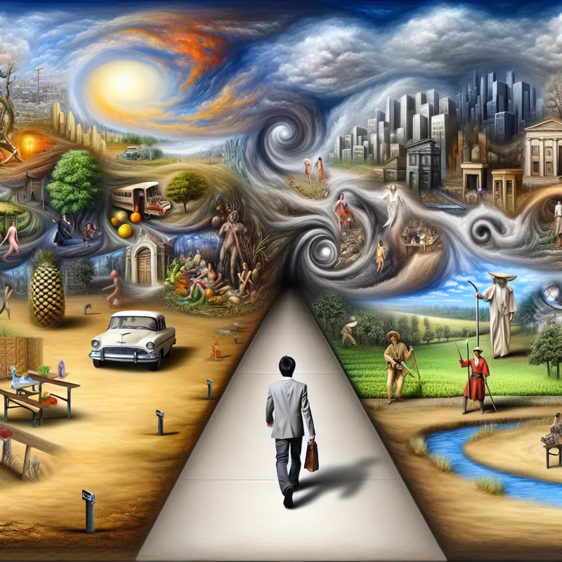 Een personage wandelt zelfverzekerd door diverse hyperrealistische landschappen en architectuur, die verschillende levenssituaties symboliseren.