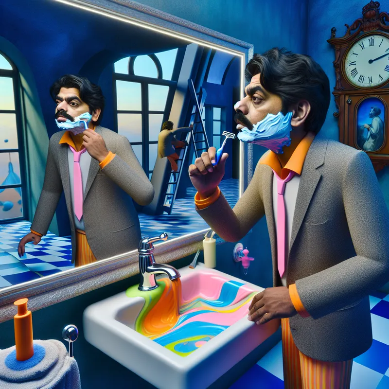 Een man die zich scheert voor een oversized spiegel in een surrealistische omgeving.