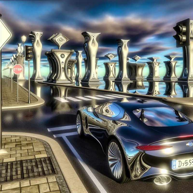 Een hyper-realistisch beeld van een moderne auto die om de hoek van een zijstraat draait, met reflecties van het omgeving in de glanzende carrosserie.