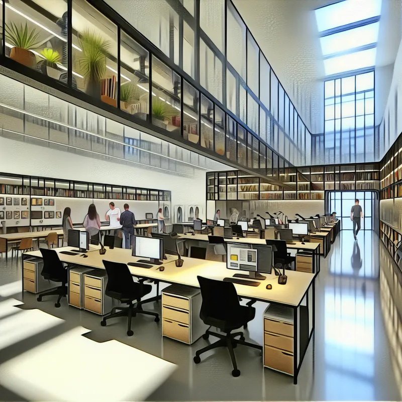 Een hyper-realistisch binnenaanzicht van een modern kantoor met glaswanden en mensen die samenwerken.