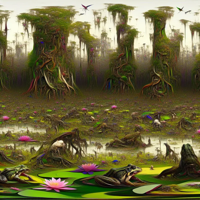 Een hyper-realistisch moeraslandschap met buitensporige bomen, kleurrijke bloemen en dieren zoals kikkers en libellen.