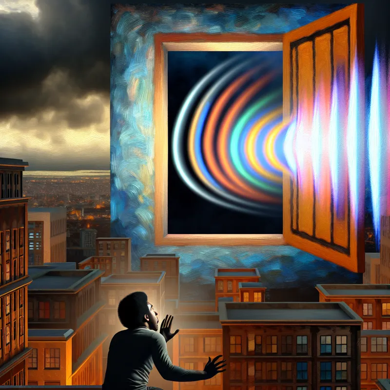 Hyper-realistisch stadsbeeld bij schemering met een figuur die wanhopig omhoog kijkt naar een venster met fel licht.