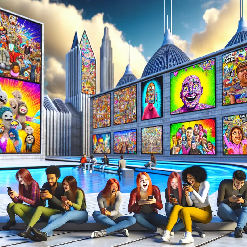 Een hyper-realistisch en surrealistisch tafereel van vrienden die lachen en hun telefoons delen in een moderne ruimte vol levendige memes.