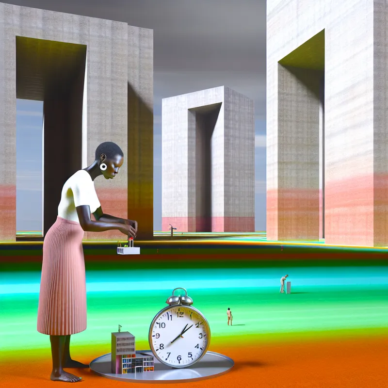 Een persoon staat in een minimalistische landschap, bezig met het opruimen van een kleine stapel voorwerpen, terwijl een grote klok '1 minuut' aangeeft; benadrukt de vluchtigheid van tijd.