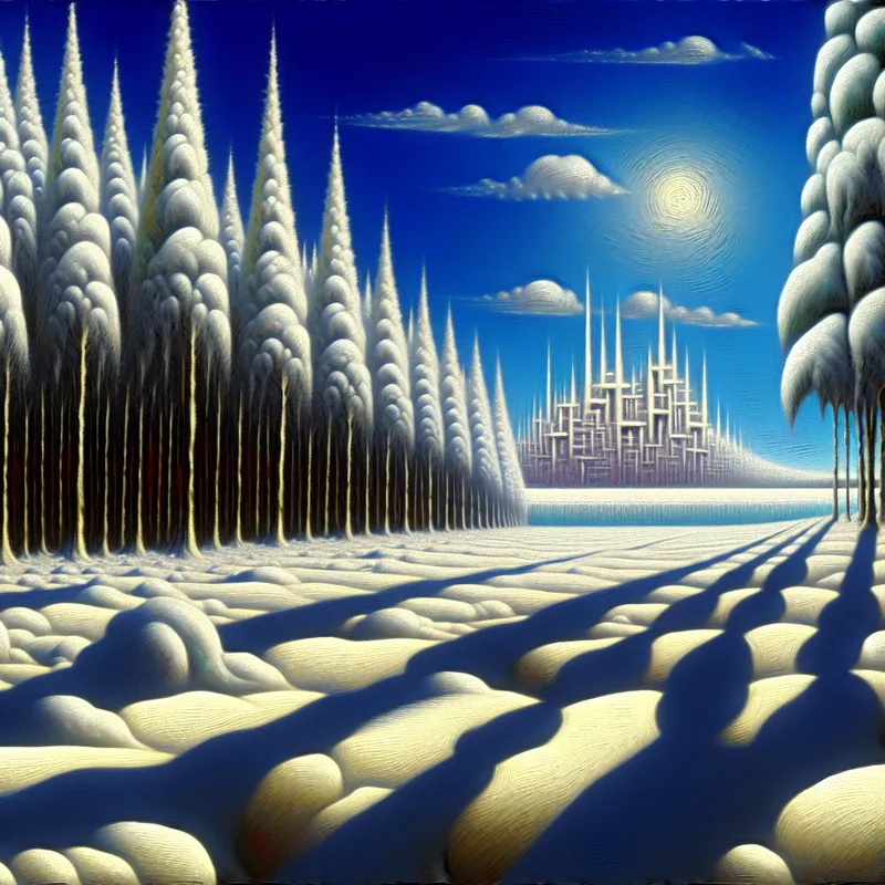 Hyper-realistisch winterlandschap met glinsterende sneeuw, torenhoge bomen en een surrealistische structuur op de achtergrond.