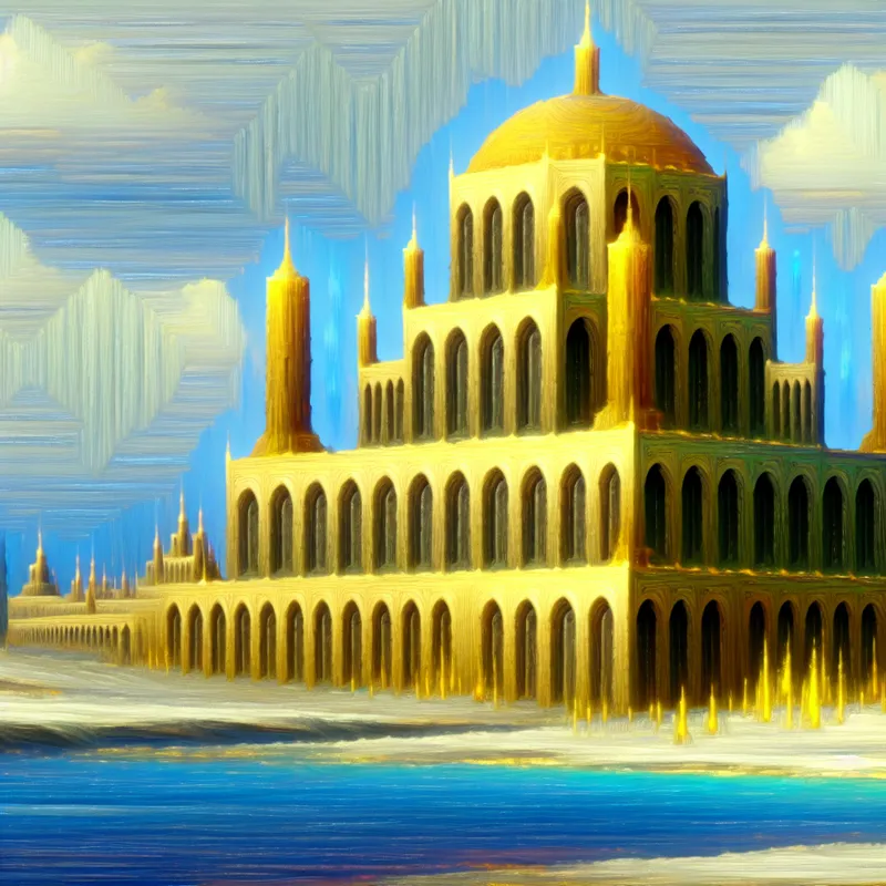 Hyper-realistisch beeld van een groot architectonisch gebouw omringd door een dramatisch landschap met surrealistische elementen.