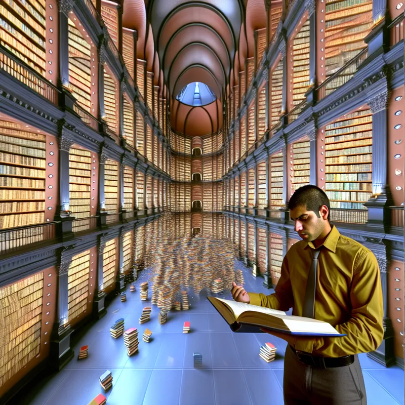 Een persoon staat voor een grote bibliotheek met torenhoge boekenkasten en kijkt nadenkend naar een open boek in zijn hand.