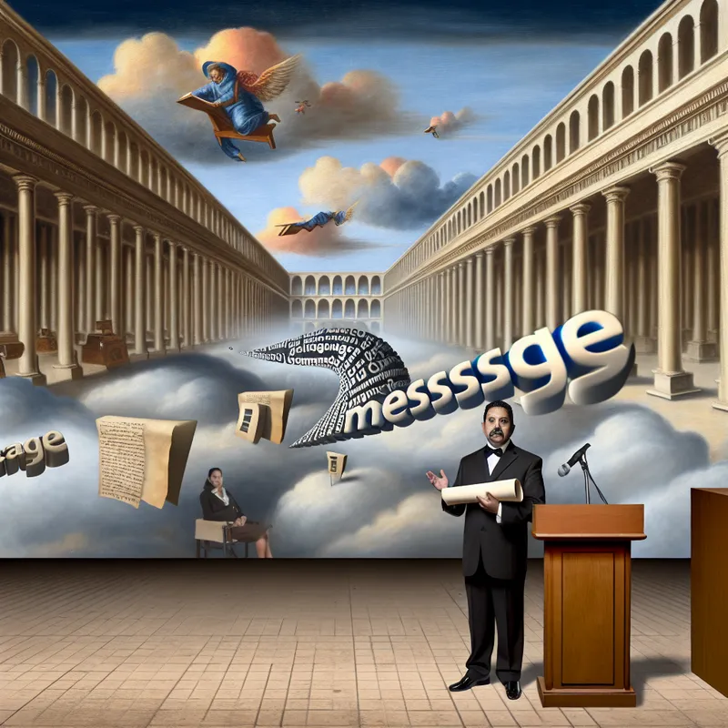 Een hyper-realistisch tafereel van een spreker bij een podium in een surrealistische collegezaal, met het woord 'boodschap' in zijn hand.