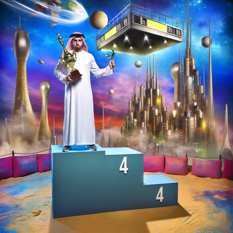 Een hyper-realistische afbeelding van een speler op een podium met het label '4de plaats', die een trofee vasthoudt in een surrealistische competitieomgeving met vervormde gebouwen op de achtergrond.