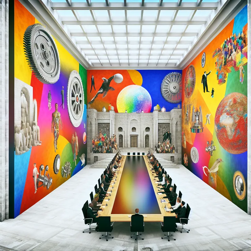 Een hyper-realistische weergave van een grote, strenge conferentiezaal met een uitgestrekt tafel waarvan mensen met diverse achtergronden intensief in discussie zijn.