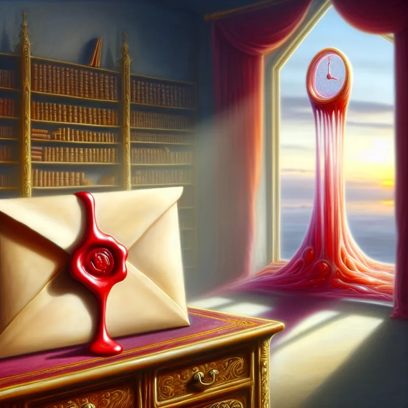 Een hyper-realistisch beeld van een verzegelde envelop op een klassieke bureau met een rode waszegel.