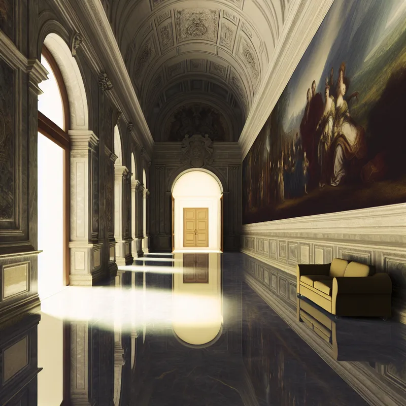 Hyper-realistische gang van een oud kasteel met hoge plafonds en grote ramen met zonlicht.