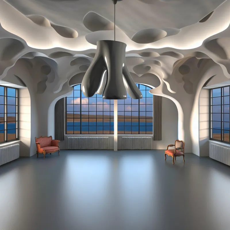 Hyper-realistische lamp in hoefvorm hangt aan minimalistisch plafond in elegant ingericht vertrek