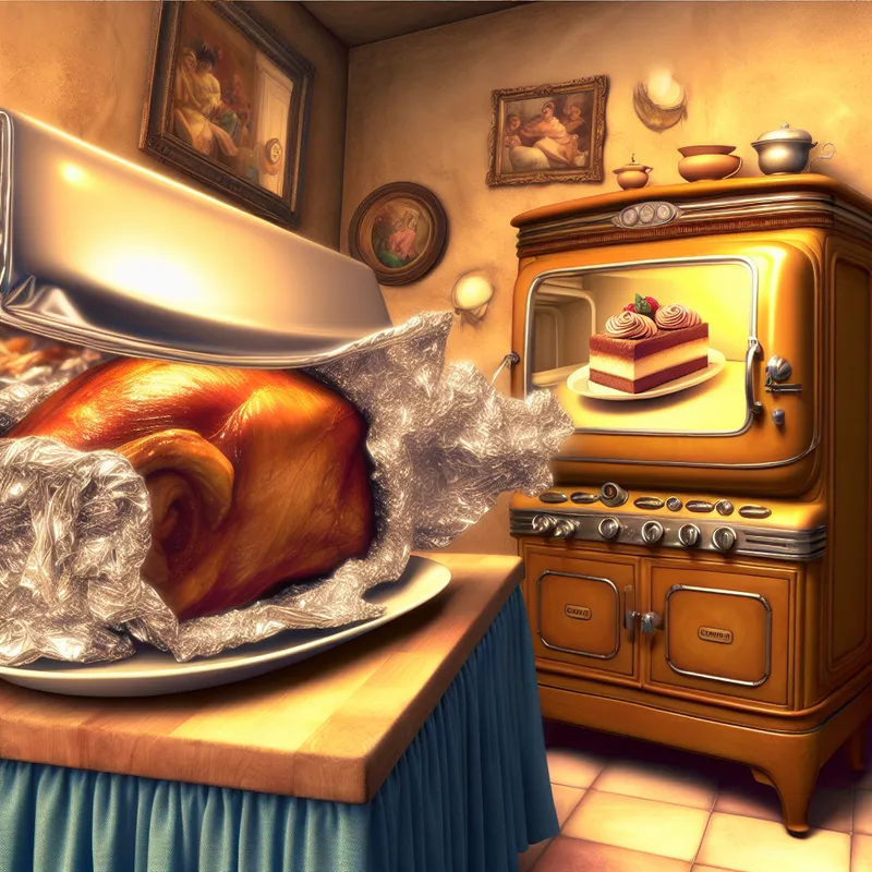 Een hyper-realist scene van een keuken met voedsel dat in glanzend folie wordt gewikkeld, met een vintage koelkast op de achtergrond