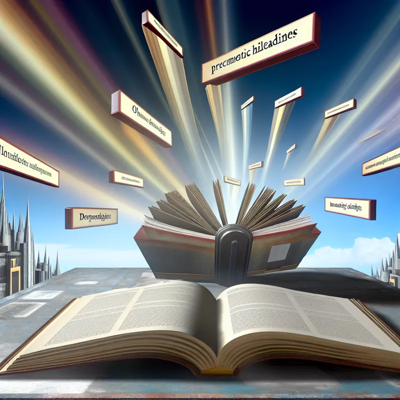 Een hyper-realistisch tafereel van een open rapport op een surrealistische tafel, met zwevende koppen boven de pagina's.