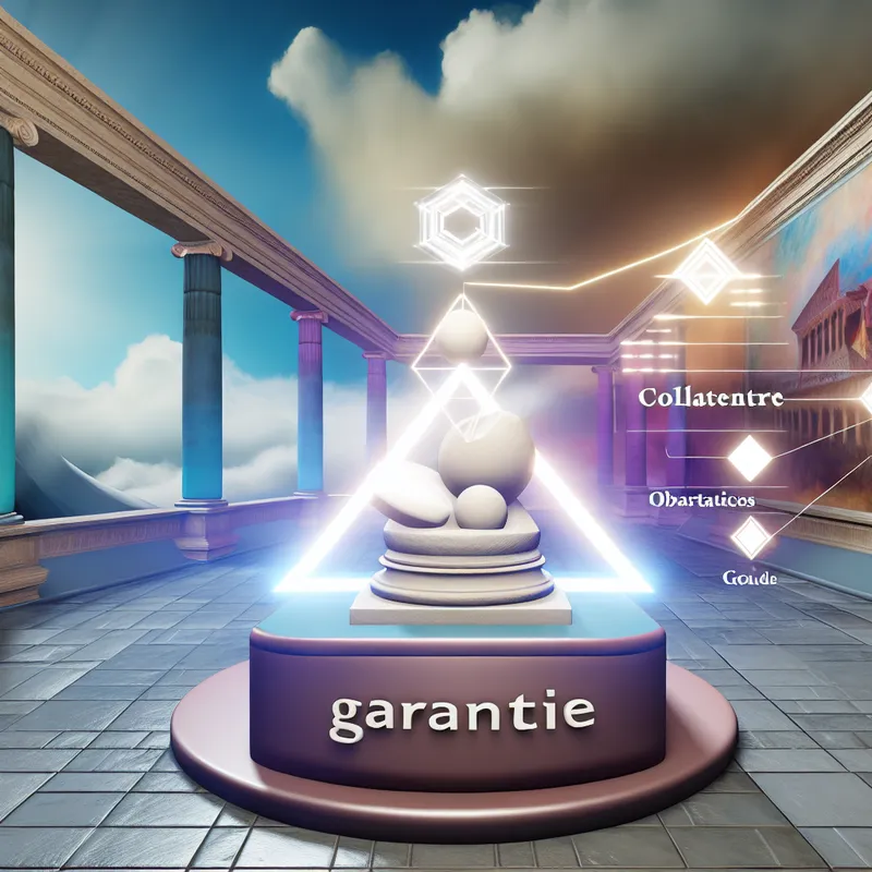 Hyper-realistische afbeelding van een klassieke sculptuur in een surrealistische architectonische omgeving, met een symbolische betekenis van garantie.