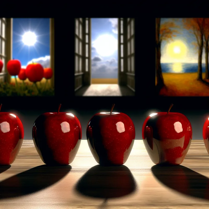 Een hyper-realistisch beeld van vier glanzende rode appels op een gepolijste houten tafel, met dramatische verlichting die schaduwen werpt. Op de achtergrond zijn schilderijen van de vier seizoenen.