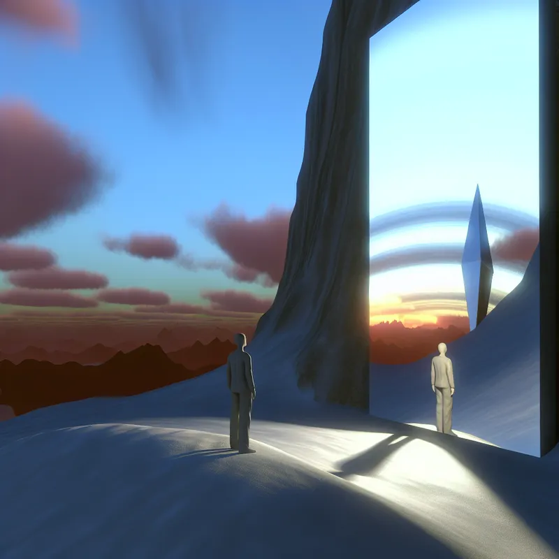 Een hyper-realisme afbeelding van een monumentale spiegel in een lege landschap, met de reflectie van een persoon die naast de spiegel staat.