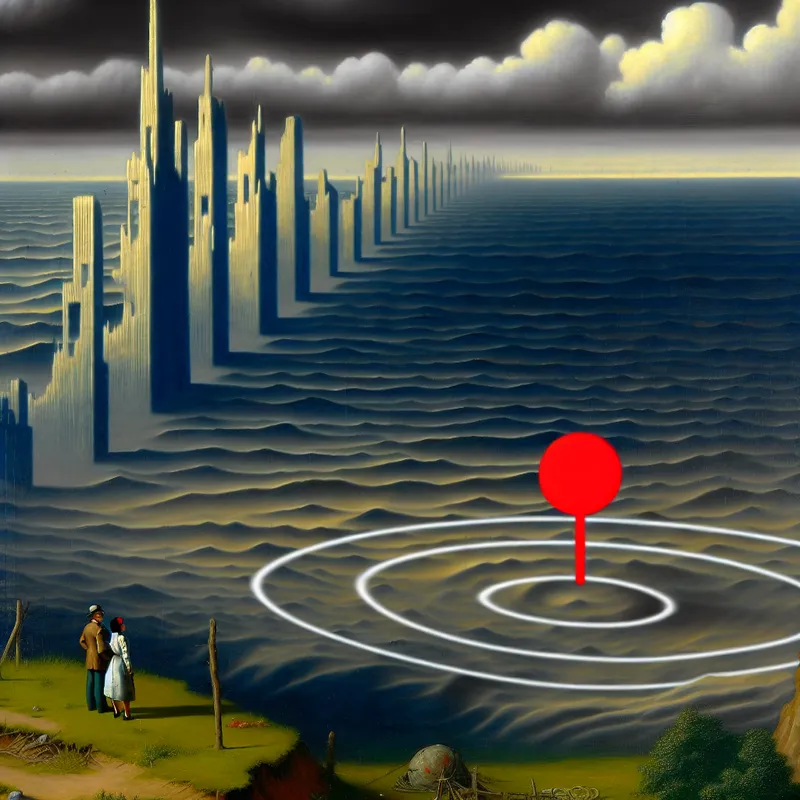 Hyper-realistische afbeelding van een tijdlijn in een dramatisch landschap met een rode stip die een belangrijk moment symboliseert, omringd door surrealistische wolkenkrabbers.