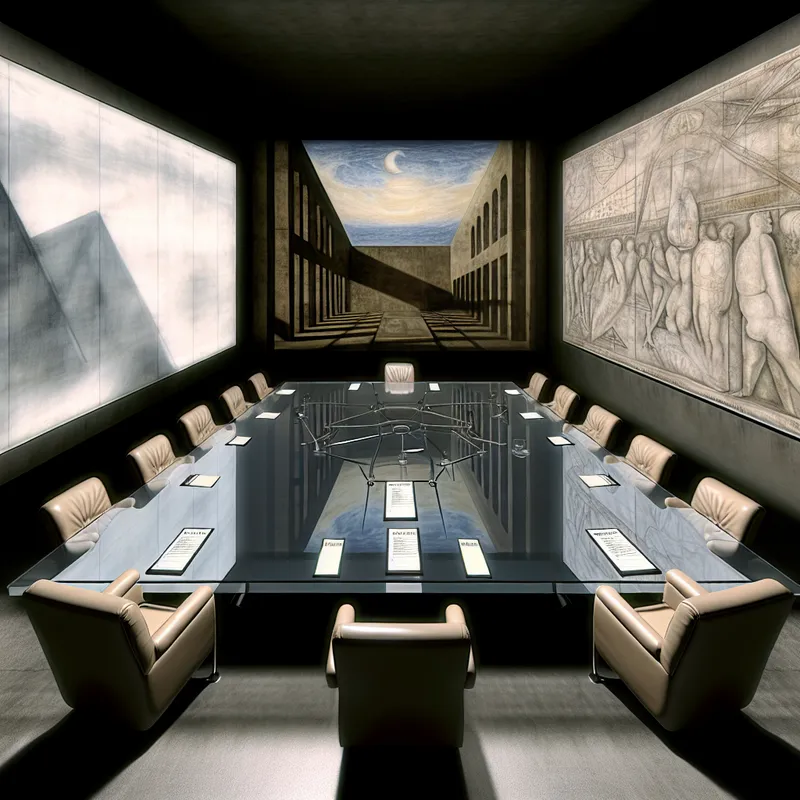 Hyper-realistisch conference room met glazen tafel, agenda en abstracte kunst.