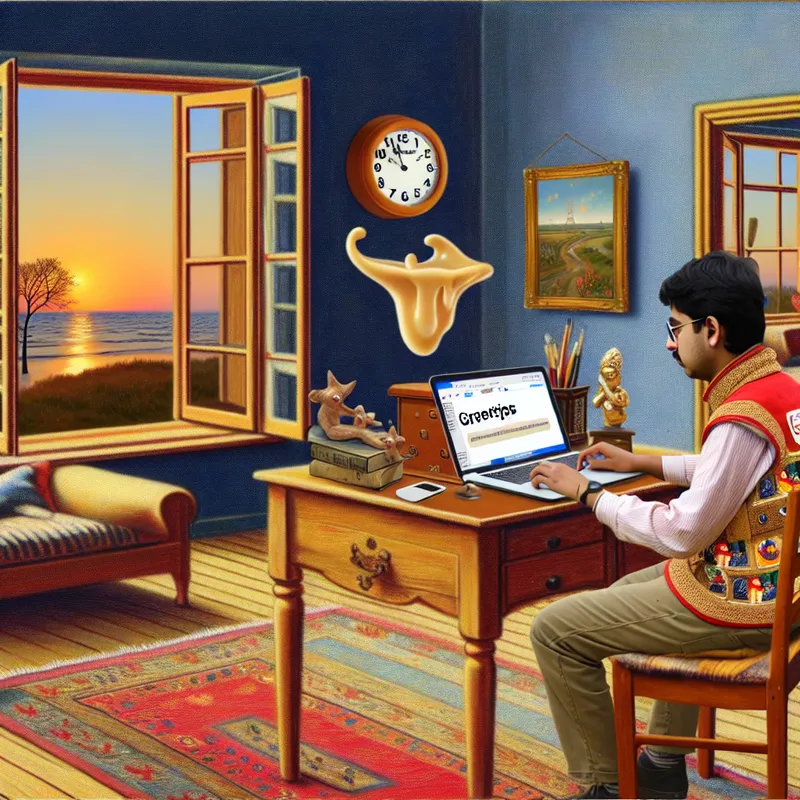 Een comfortabele woonkamer met een persoon die aan een bureau zit, een e-mail schrijft, omringd door reis souvenirs en een mooi uitzicht op een zonsondergang.