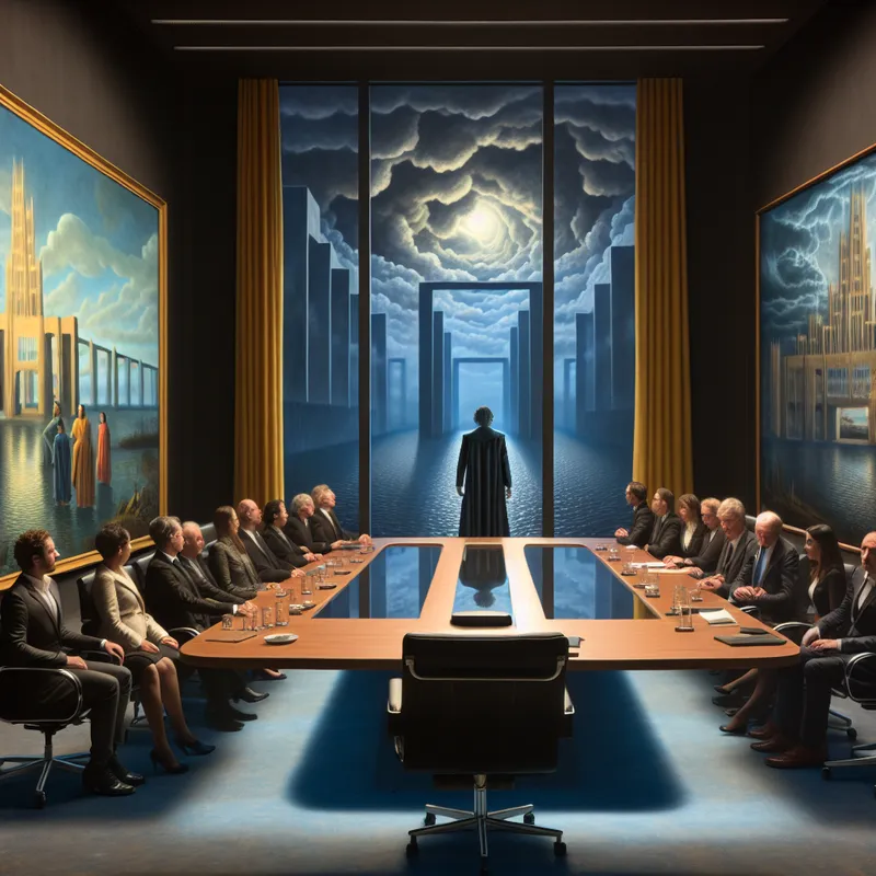 Hyper-realistische scene met zakelijke bijeenkomst en surrealistische architectuur