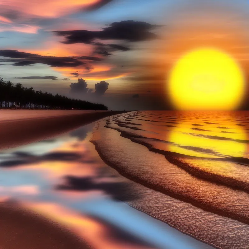 Een hyper-realistisch beeld van een zonsondergang op een serene strand met een grote, felgekleurde zon die onder de horizon zakt.