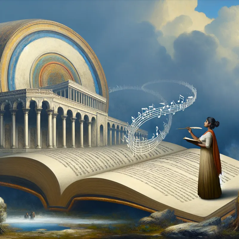 Een hyperrealistisch beeld van een open boek met muzikale noten en songteksten die uitstromen, met een denkende figuur en een dramatisch landschap op de achtergrond.