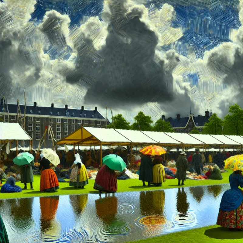 Dramatische scène van verlaten evenement in park door stortregen