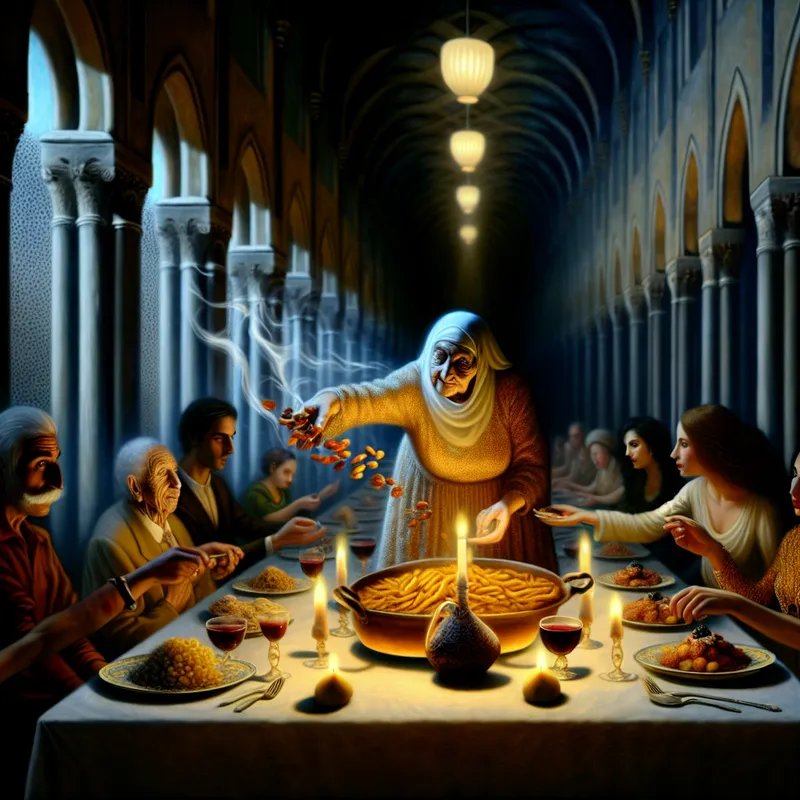 Hyperrealistisch schilderij van een warme familiediner-scène met een oma die een smaakvol gerecht serveert, in surrealistische stijl met dramatische belichting en rijke texturen