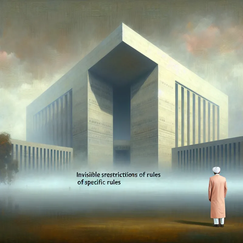 Een hyperrealistisch gebouw omgeven door mist, met een figuur die voorzichtig kijkt naar onzichtbare barrières.